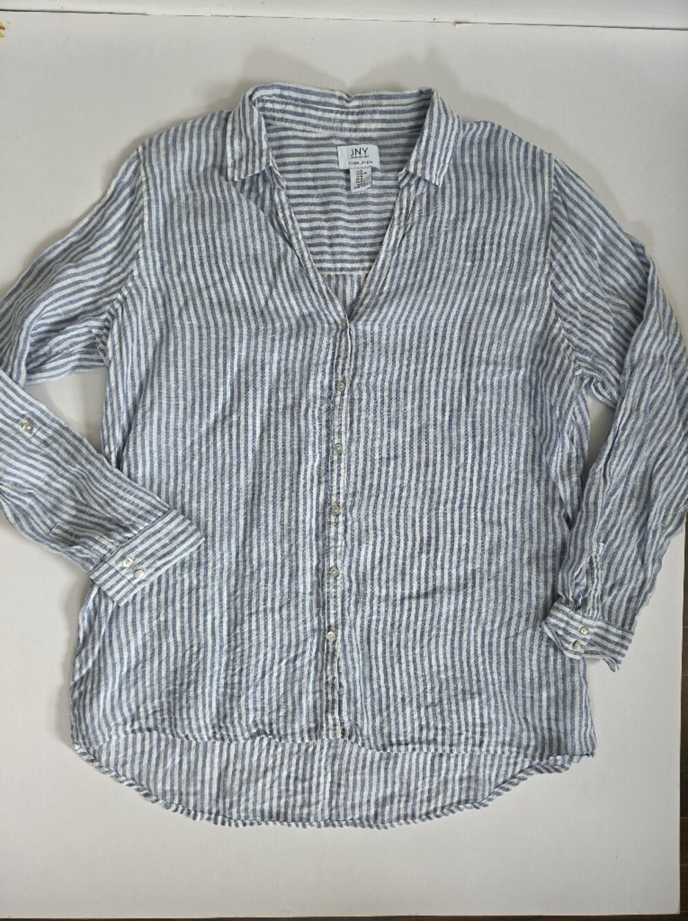 JNY 100% linen blue whitw striped button down collared shirt beachy coastal XL